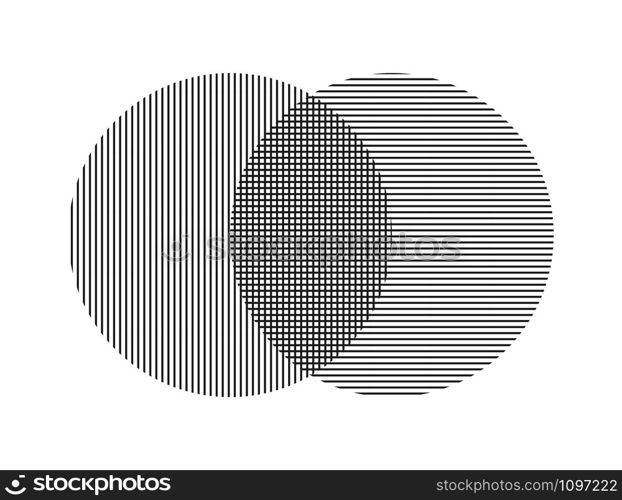 Two circles of parallel lines intersect each other. Geometric shape for business design, decoration and decoration isolated on white background.