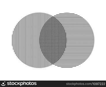 Two circles of parallel lines intersect each other. Geometric shape for business design, decoration and decoration isolated on white background.