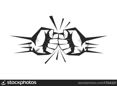 Two clenched fists bumping together. The concept of conflict, confrontation, resistance, competition, struggle. Hand drawn isolated on white background vector illustration
