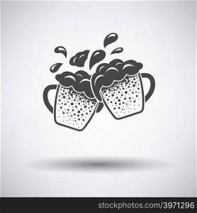 Two clinking beer mugs with fly off foam icon on gray background, round shadow. Vector illustration.