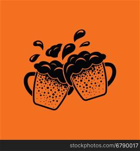 Two clinking beer mugs with fly off foam icon. Orange background with black. Vector illustration.