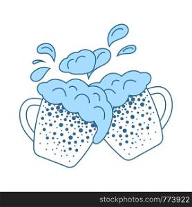 Two Clinking Beer Mugs With Fly Off Foam Icon. Thin Line With Blue Fill Design. Vector Illustration.