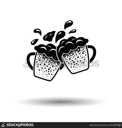 Two clinking beer mugs with fly off foam icon. White background with shadow design. Vector illustration.