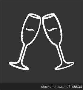 Two clinking champagne glasses chalk icon. Champagne flutes. Glassfuls of alcohol beverage. Wine service. Celebration. Wedding. Degustation. Cheers. Isolated vector chalkboard illustration