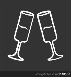 Two clinking champagne glasses chalk icon. Sparkling wine. Glassfuls of alcohol beverage. Wine service. Celebration, party. Wedding. Tasting. Cheers. Isolated vector chalkboard illustration