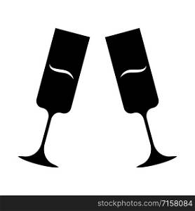 Two clinking champagne glasses glyph icon. Sparkling wine. Glassfuls of alcohol beverage. Wine service. Celebration. Degustation. Silhouette symbol. Negative space. Vector isolated illustration