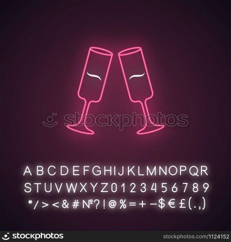 Two clinking champagne glasses pink neon light icon. Glassfuls of alcohol beverage. Wine service. Celebration. Isolated Glowing sign with alphabet, numbers and symbols. Vector isolated illustration