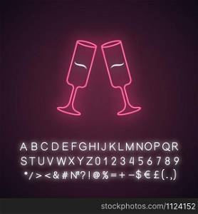 Two clinking champagne glasses pink neon light icon. Glassfuls of alcohol beverage. Wine service. Celebration. Isolated Glowing sign with alphabet, numbers and symbols. Vector isolated illustration