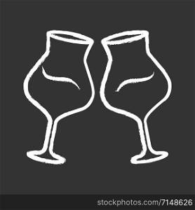 Two clinking glasses of wine chalk icon. Glassfuls of alcohol beverage. Wine service. Celebration, party. Wedding. Degustation. Toast. Cheers. Isolated Isolated vector chalkboard illustration