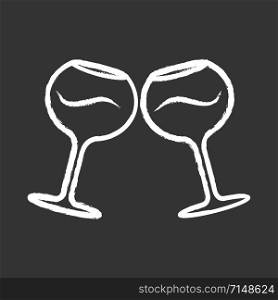 Two clinking glasses of wine chalk icon. Glassfuls of alcohol beverage. Wine service. Celebration. Wedding. Tasting, degustation. Toast. Cheers. Isolated vector chalkboard illustration