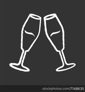 Two clinking glasses with wine chalk icon. Champagne tulip flute. Glassfuls of alcohol beverage. Wine service. Celebration. Wedding. Cheers. Degustation. Isolated vector chalkboard illustration