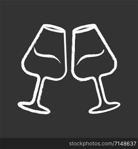 Two clinking glasses with wine chalk icon. Glassfuls of alcohol beverage. Wine service. Glassware. Celebration. Wedding. Degustation. Toast. Cheers. Isolated vector chalkboard illustration