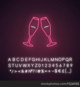 Two clinking wine glasses pink neon light icon. Champagne tulip flute. Glassfuls of alcohol beverage. Wine service. Glowing sign with alphabet, numbers and symbols. Vector isolated illustration