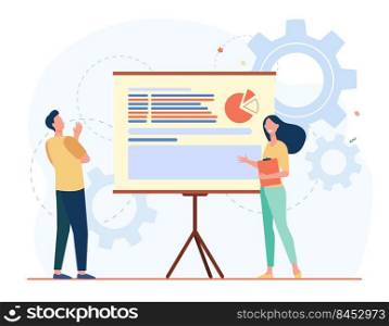 Two colleagues analyzing work together. Chart, presentation, gear flat vector illustration. Analytics and statistics concept for banner, website design or landing web page