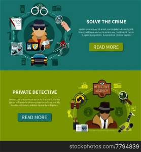 Two colored and flat detective banner set with solve the crime and private detective descriptions vector illustration. Detective Banner Set