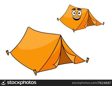 Two colorful orange canvas tents for camping with corner pegs and open flaps, one with a smiling face isolated on white. Two colorful orange tents