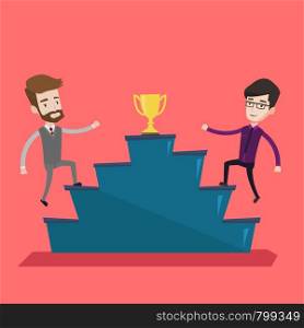 Two confident businessmen competing to get golden trophy. Two competitive businessmen running up for the winner cup. Business competition, award concept. Vector flat design illustration. Square layout. Two men competing for the business award.