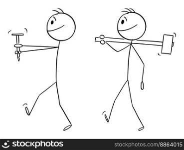 Two construction workers walking with hammer and nail, vector cartoon stick figure or character illustration.. Two Workers With Nail and Hammer, Vector Cartoon Stick Figure Illustration