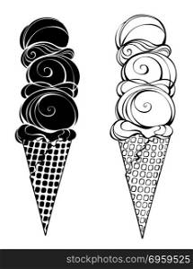 Two contour, stylized, ice cream with waffle horn and three balls on a white background. Artistic drawing of an ice cream.. ice cream with three balls
