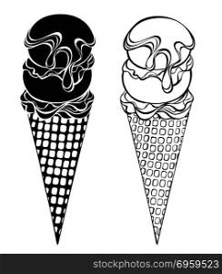 Two contour, stylized ice cream with waffle horn, two balls, drizzled with chocolate syrup on a white background. Artistic drawing of an ice cream.. Contour ice cream with syrup