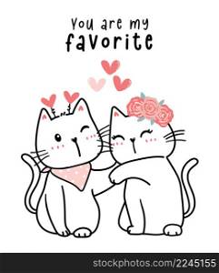 two couple cute white kitten cat in love cartoon outline drawing flat design, you are my favorite