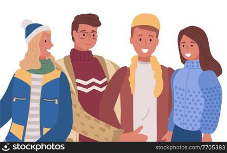 Two couples, men and women standing and posing together. People smile and talk with each other, friends meeting. Adults dressed in warm cloth, overcoat and hat. Vector illustration in flat style. Two Couples, Men and Women Posing, Friends Meeting