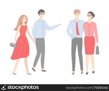 Two couples, men in shirts and trousers and women in red gowns, bag in hands. Married office workers, business people in strict cloth isolated vector. Two Couples, Men in Shirts and Trousers and Women