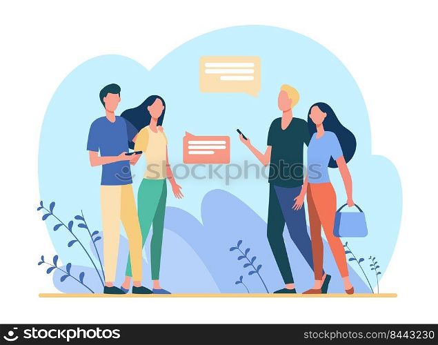 Two couples with phones walking and meeting outside. Talking, conversation, speech bubble flat vector illustration. Communication, dating concept for banner, website design or landing web page