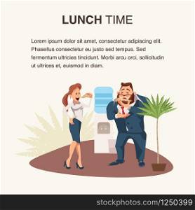 Two Coworker Eating Pizza at Workplace Banner. Colleague with Junkfood near Water Cooler. Woman Stand, Bite Slice. Man Wear Formal Suit Smell Food. Cartoon Flat Vector Illustration. Two Coworker Eating Pizza at Workplace Banner
