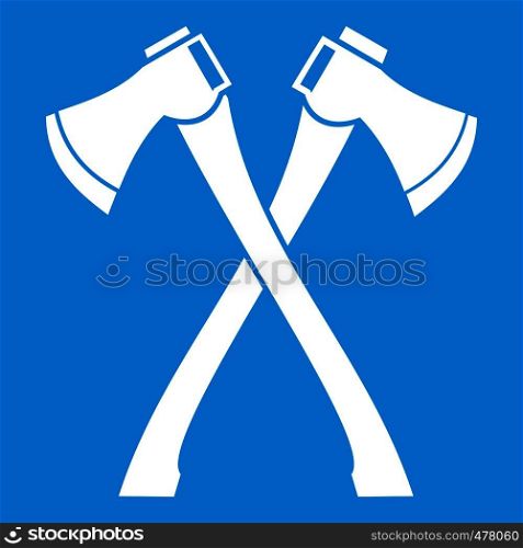 Two crossed axes icon white isolated on blue background vector illustration. Two crossed axes icon white