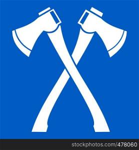 Two crossed axes icon white isolated on blue background vector illustration. Two crossed axes icon white
