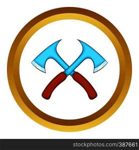 Two crossed axes vector icon in golden circle, cartoon style isolated on white background. Two crossed axes vector icon