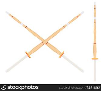 Two crossed bamboo training sword for kendo classes. Wooden Japanese swords, kendo art. Shinai sword. Vector kendo weapon