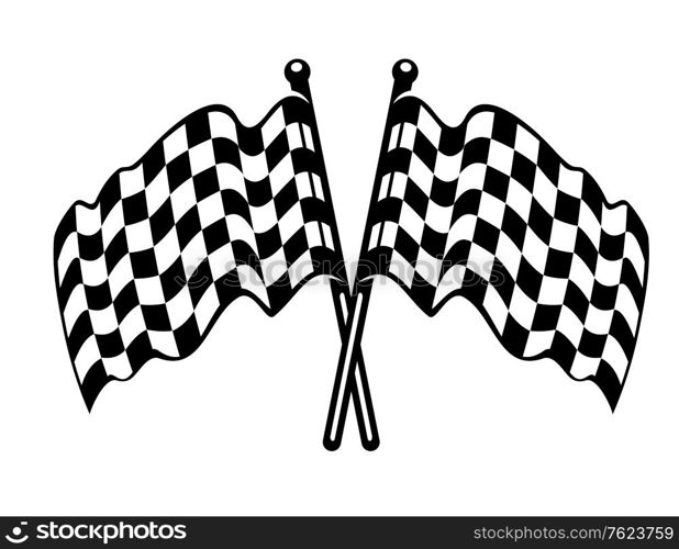 Two crossed black and white checkered flags with the fabric waving in the breeze as used on the finishing line in motor sports