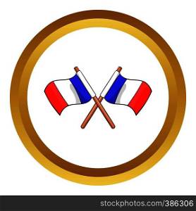 Two crossed Flags of France vector icon in golden circle, cartoon style isolated on white background. Two crossed Flags of France vector icon