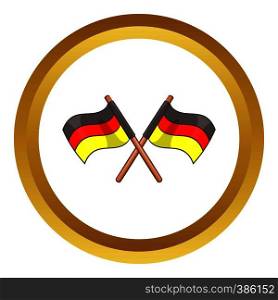Two crossed flags of Germany vector icon in golden circle, cartoon style isolated on white background. Two crossed flags of Germany vector icon
