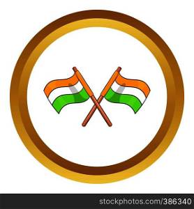 Two crossed flags of India vector icon in golden circle, cartoon style isolated on white background. Two crossed flags of India vector icon