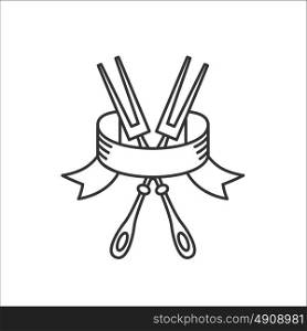 Two crossed forks with an elegant ribbon. Cutlery, Vector sign. Set for barbecue.