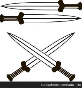Two Crossed Gladius Sword Silhouette on White Background. Medieval Weapons. Two Crossed
