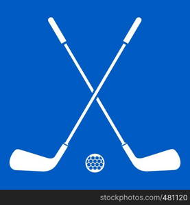 Two crossed golf clubs and ball icon white isolated on blue background vector illustration. Two crossed golf clubs and ball icon white