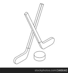 Two crossed hockey sticks and puck icon in isometric 3d style isolated on white background. Hockey icon, isometric 3d style