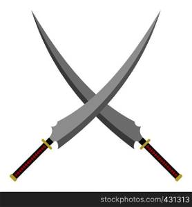 Two crossed Japanese samurai swords icon flat isolated on white background vector illustration. Two crossed Japanese samurai swords icon isolated