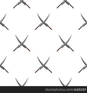 Two crossed Japanese samurai swords pattern seamless background in flat style repeat vector illustration. Japanese samurai swords pattern seamless