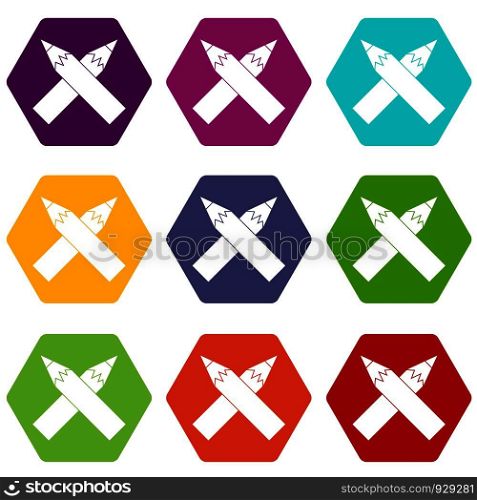 Two crossed pencils icon set many color hexahedron isolated on white vector illustration. Two crossed pencils icon set color hexahedron