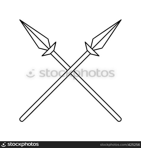 Two crossed spears thin line icon on a white background. Two crossed spears thin line icon