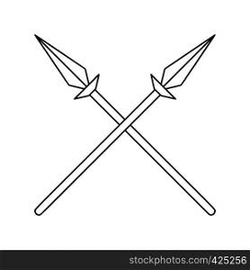 Two crossed spears thin line icon on a white background. Two crossed spears thin line icon