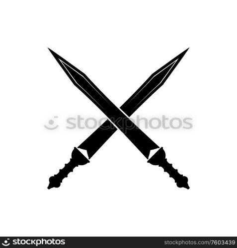 Two crossed swords heraldry symbols isolated. Vector sharp longswords, samurai sabres vintage military weapons. Measured swords, crossed knights weapon