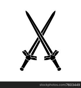Two crossed swords heraldry symbols isolated. Vector sharp longswords, samurai sabres vintage military weapons. Measured swords, crossed knights weapon