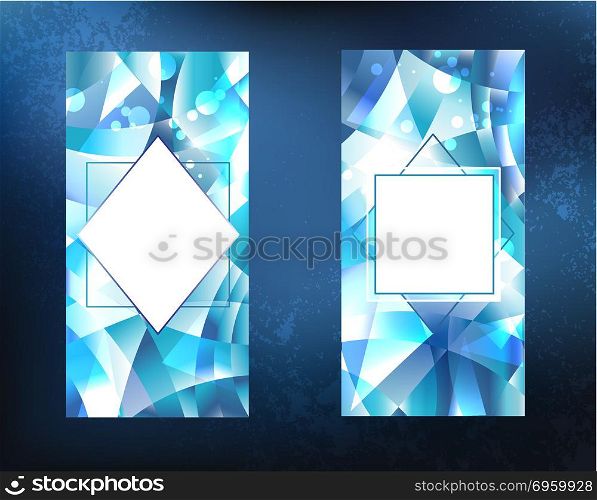 two crystalline, icy, blue, faceted, sparkling banner on a dark background. Ice design.. two ice banners