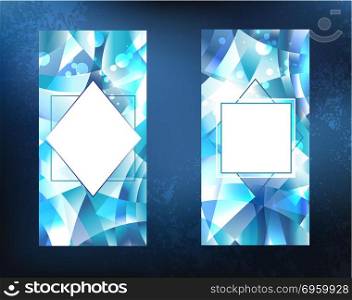 two crystalline, icy, blue, faceted, sparkling banner on a dark background. Ice design.. two ice banners